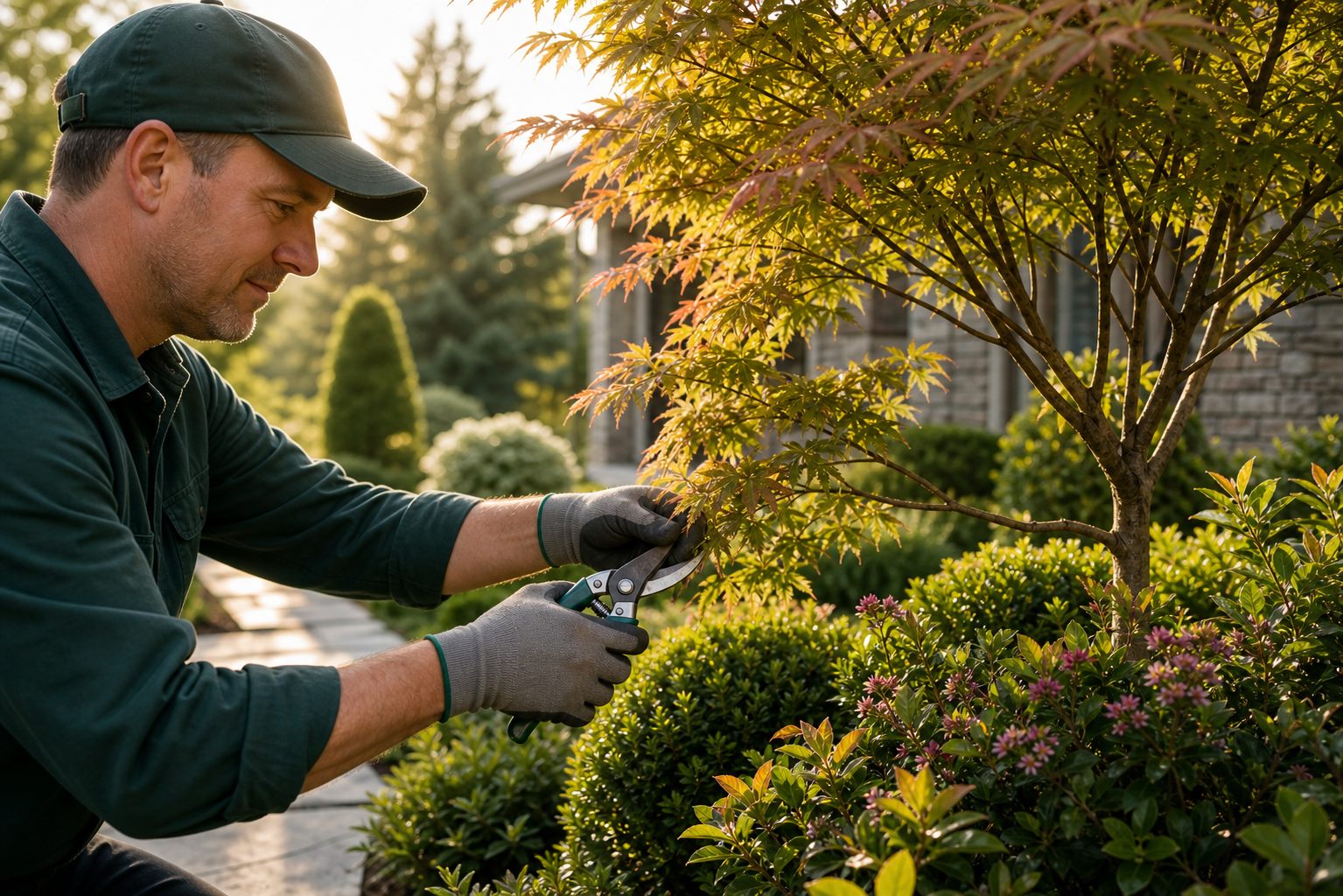 Pruning work on a small ornamental tree near a garden bed.
