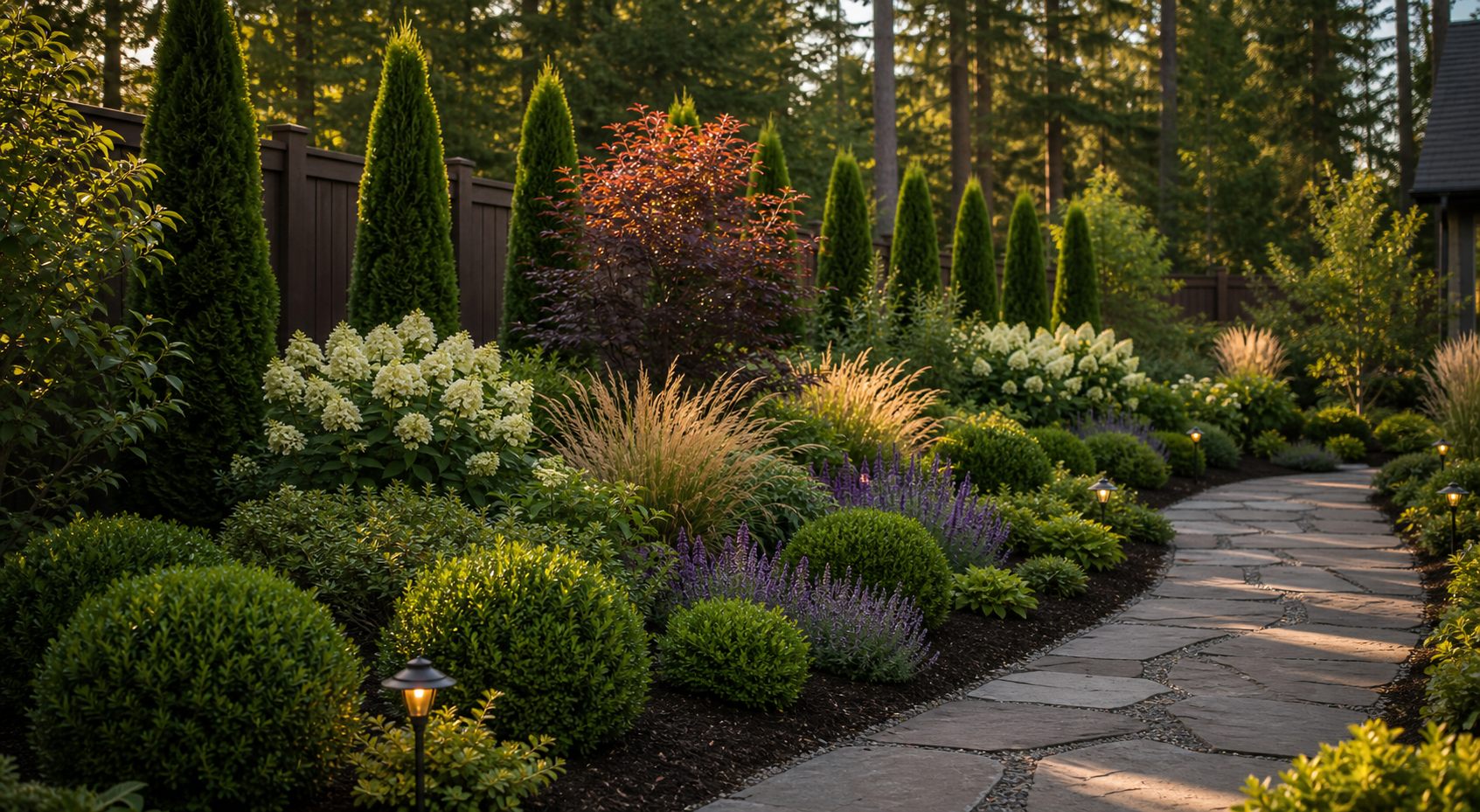 Layered Pacific Northwest planting bed with shrubs, grasses, and perennials.