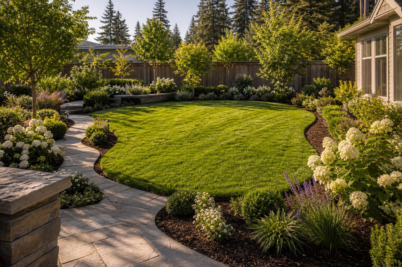 Renovated lawn with curved edges and surrounding planting beds.